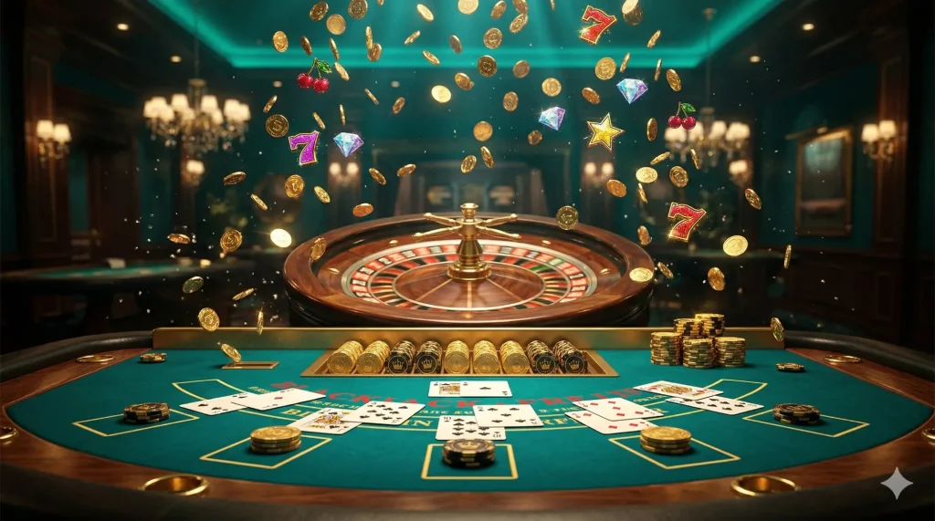 DaVegas casino — blackjack masası, rulet ve uçuşan slot sembolleri