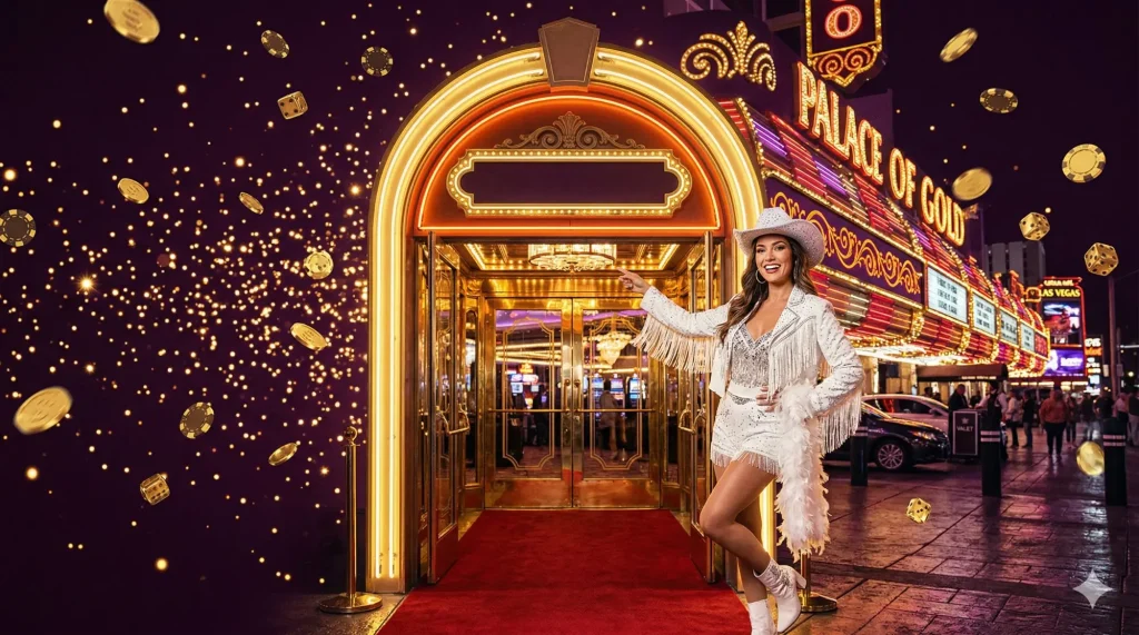 DaVegas giriş rehberi – casino girişinde showdancer ve Vegas atmosferi