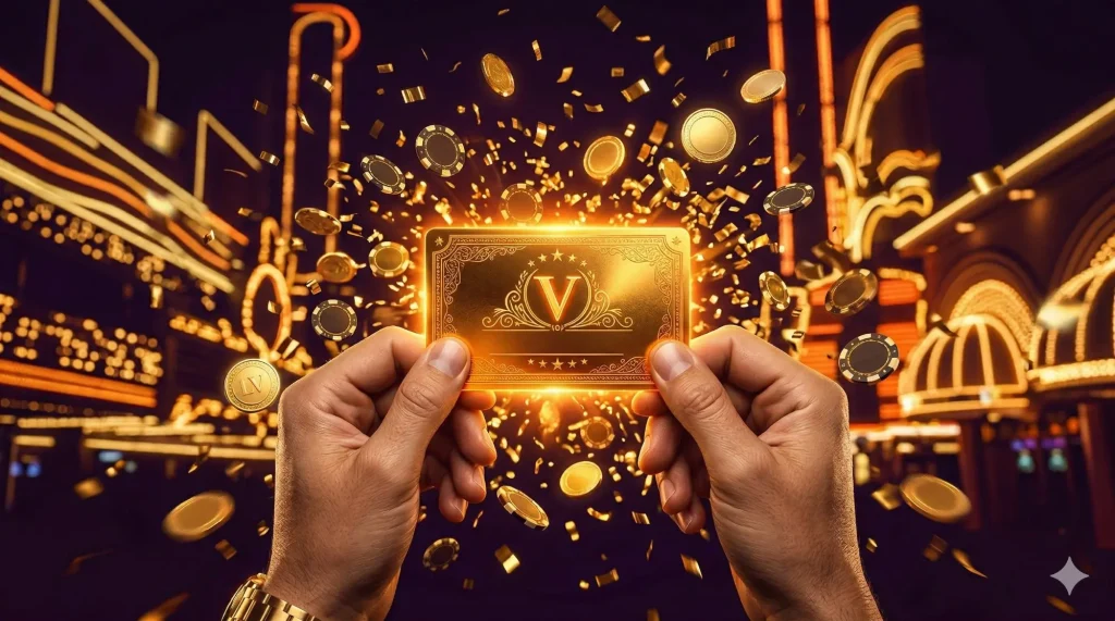 DaVegas üyelik — altın VIP kart ve casino konfeti patlaması