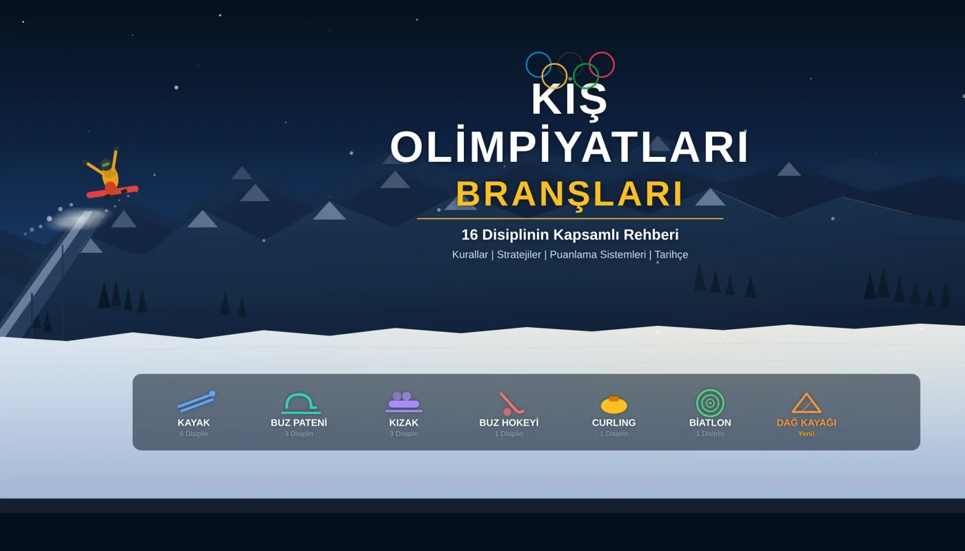 Kış olimpiyatları branşları rehberi kapak görseli - kayakla atlama rampasından uçan snowboardcu, karlı dağlar, gün batımı ve 7 spor kategorisi ikonu