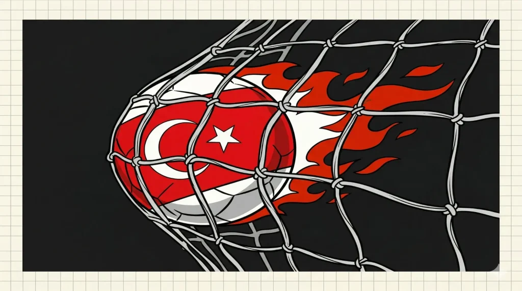 2026 Dünya Kupası Türkiye bayrağı desenli futbol topu filede alev izleriyle