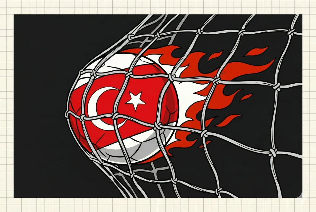 2026 Dünya Kupası Türkiye bayrağı desenli futbol topu filede alev izleriyle