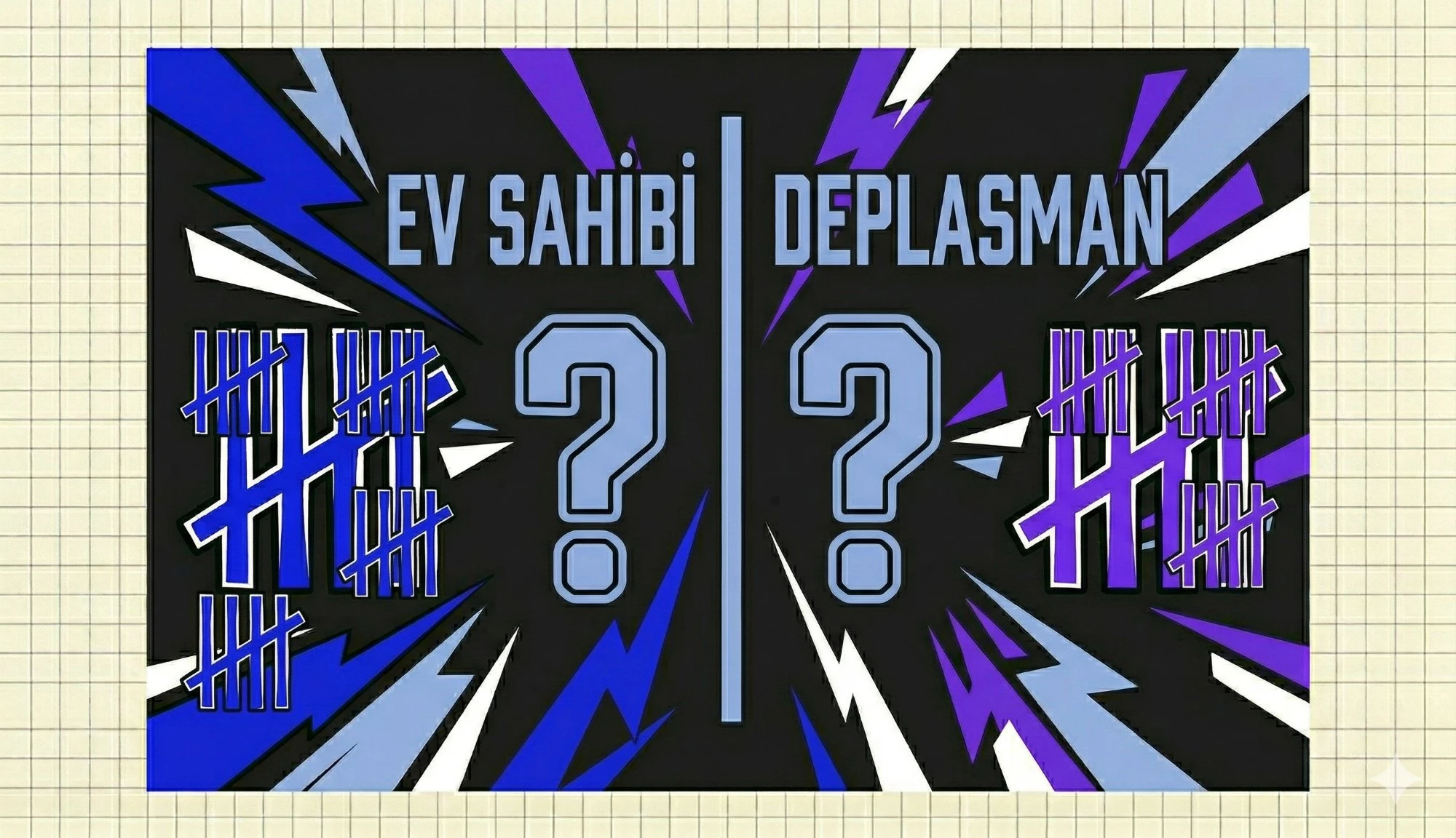 Ev sahibi ve deplasman bölmeli skor tabelası illüstrasyonu soru işaretleriyle