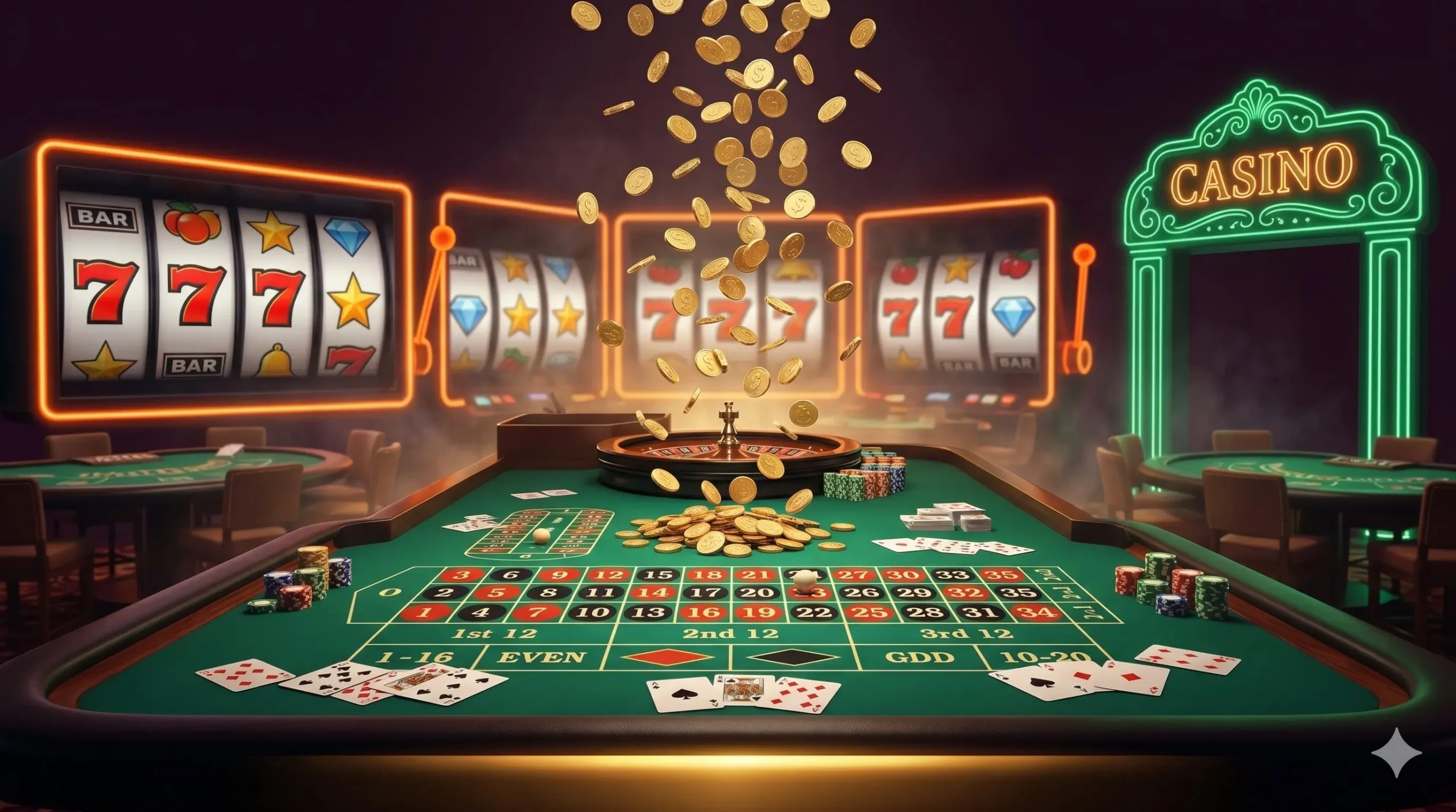 DaVegas casino oyunları - rulet masası, slot makineleri ve altın coinler